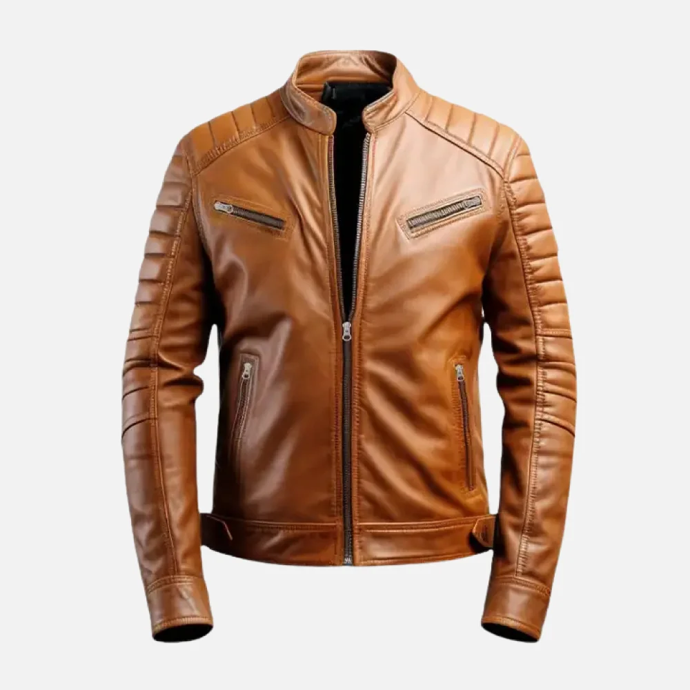 Men's Tan Leather Cafe Racer Jacket