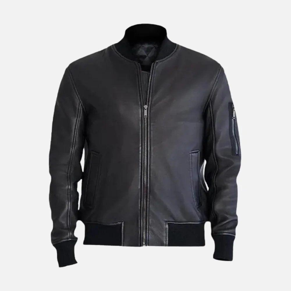 Men's Black Leather Bomber Jacket