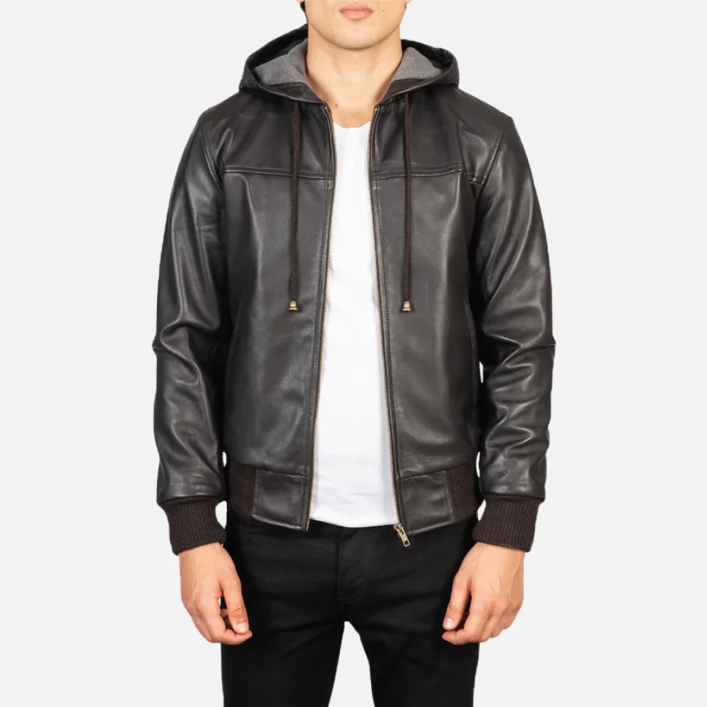 Nintenzo Black Hooded Leather Bomber Jacket