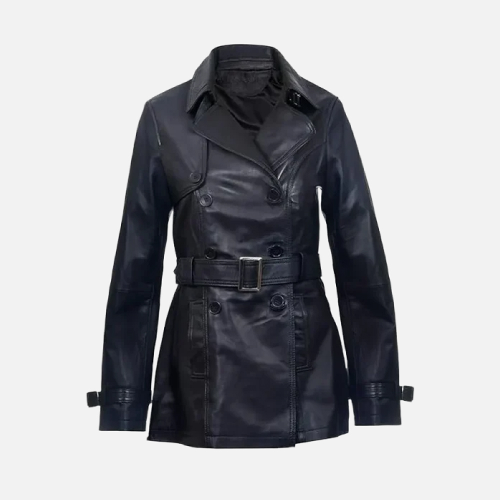 Black Mid Length Leather Overcoat