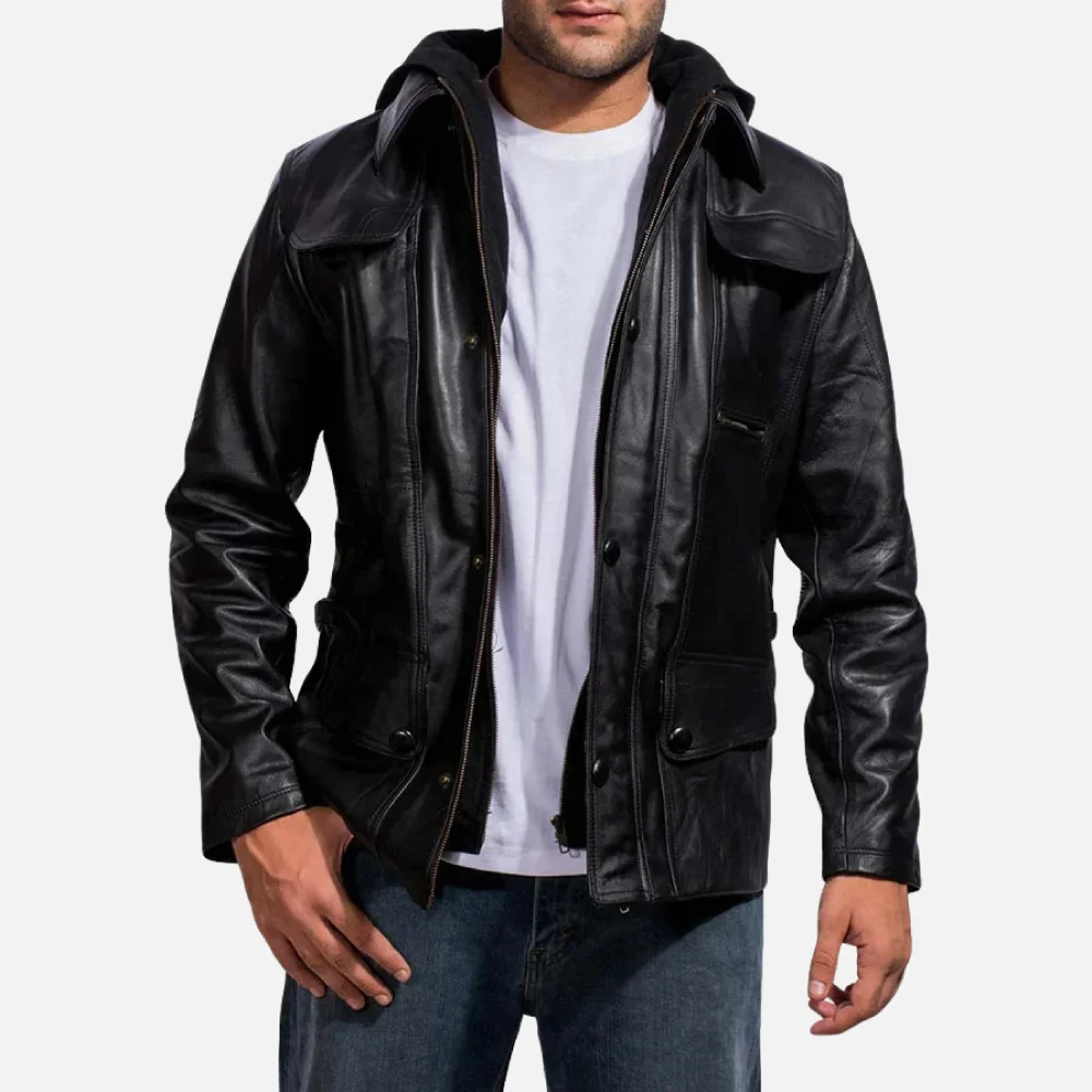 Bravado Black Hooded Leather Bomber Jacket