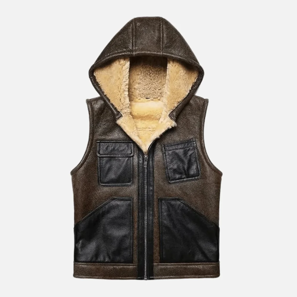 Men's Dark Brown Bomber Cowhide Leather Vest Jacket with 4 Pockets