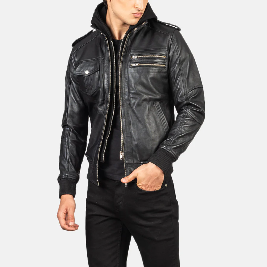 Moulder Hooded Black Leather Jacket