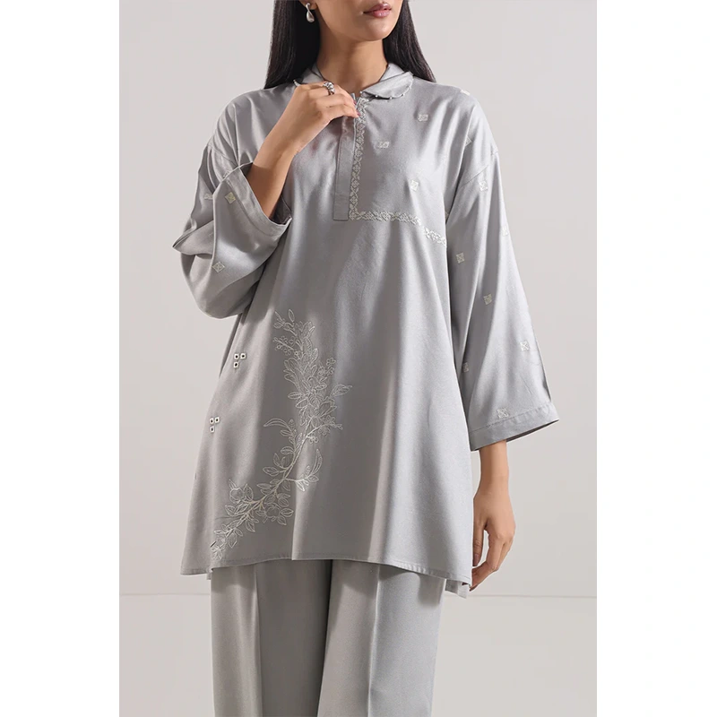 SAYA Original Solid Embroidered Dobby Crepe Stitched 2 Piece (Shirt/Trouser)